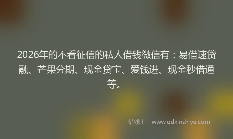 2026年的不看征信的私人借钱微信有：易借速贷融、芒果分期、现金贷宝、爱钱进、现金秒借通等。