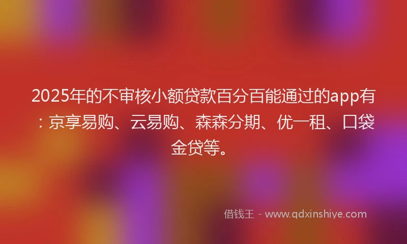 2025年的不审核小额贷款百分百能通过的app有：京享易购、云易购、森森分期、优一租、口袋金贷等。