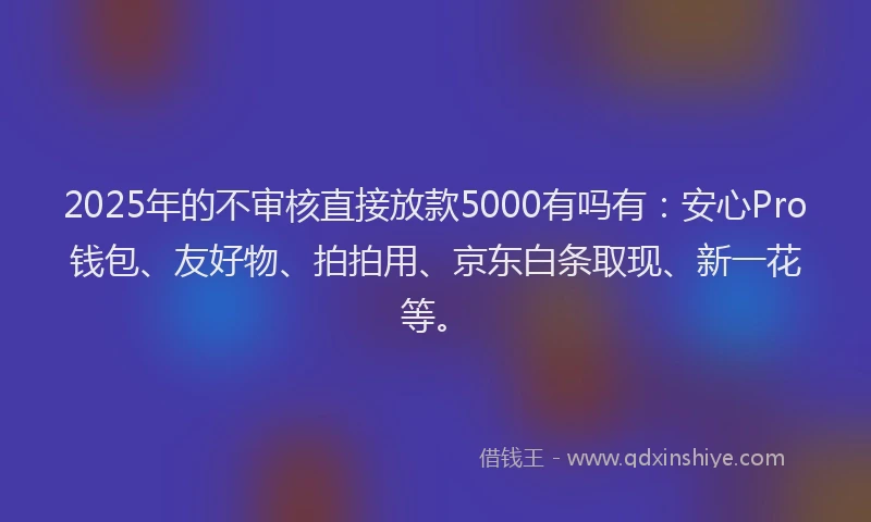 2025年的不审核直接放款5000有吗有：安心Pro钱包、友好物、拍拍用、京东白条取现、新一花等。