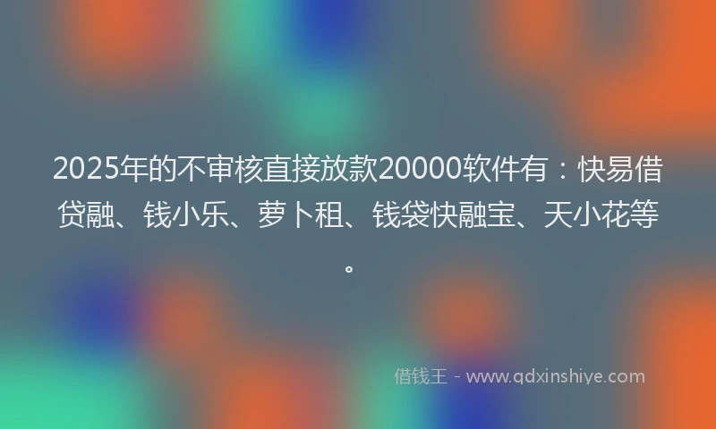 2025年的不审核直接放款20000软件有：快易借贷融、钱小乐、萝卜租、钱袋快融宝、天小花等。