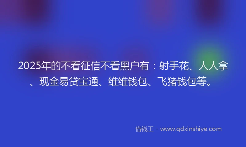 2025年的不看征信不看黑户有：射手花、人人拿、现金易贷宝通、维维钱包、飞猪钱包等。