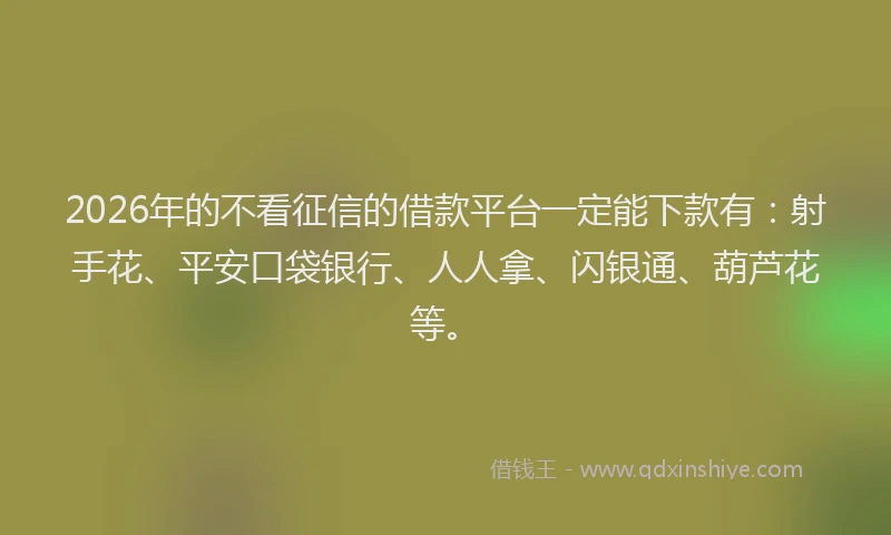 2026年的不看征信的借款平台一定能下款有：射手花、平安口袋银行、人人拿、闪银通、葫芦花等。