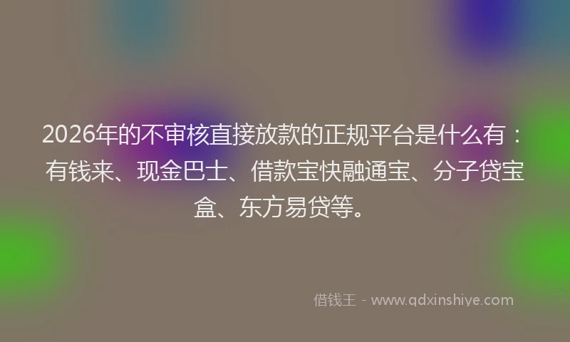 2026年的不审核直接放款的正规平台是什么有：有钱来、现金巴士、借款宝快融通宝、分子贷宝盒、东方易贷等。