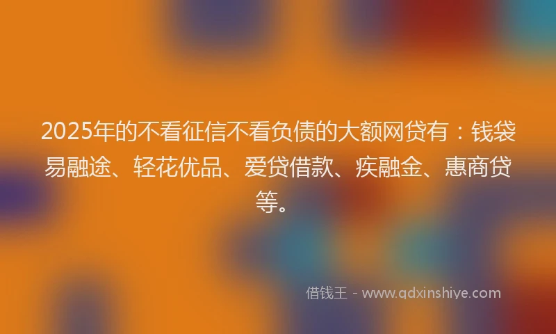 2025年的不看征信不看负债的大额网贷有：钱袋易融途、轻花优品、爱贷借款、疾融金、惠商贷等。