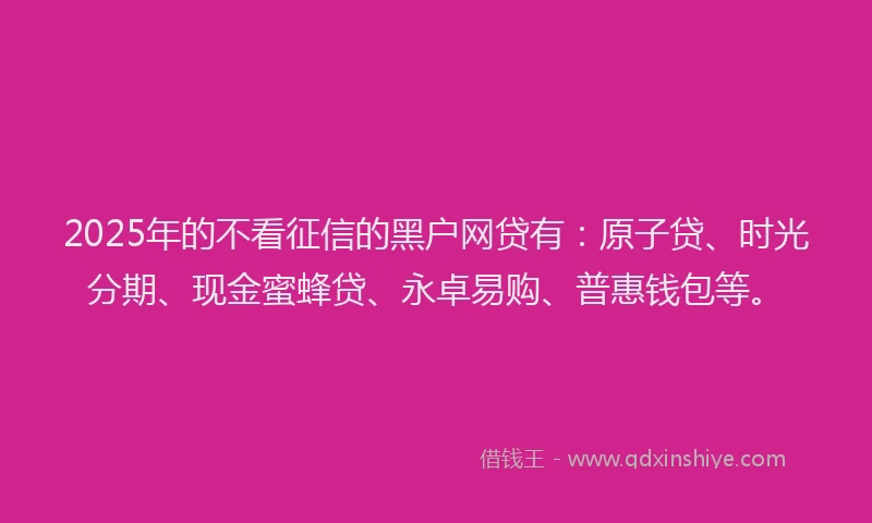 2025年的不看征信的黑户网贷有：原子贷、时光分期、现金蜜蜂贷、永卓易购、普惠钱包等。