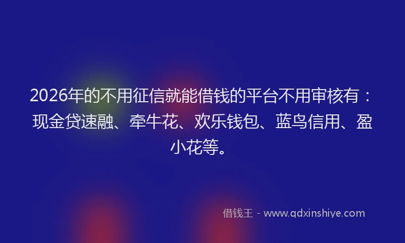 2026年的不用征信就能借钱的平台不用审核有:现金贷速融、牵牛花、欢乐钱包、蓝鸟信用、盈小花等。