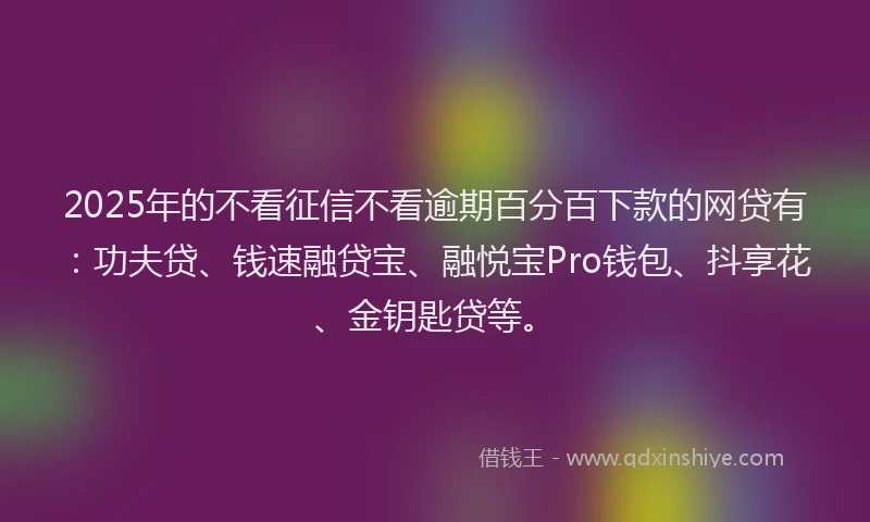 2025年的不看征信不看逾期百分百下款的网贷有：功夫贷、钱速融贷宝、融悦宝Pro钱包、抖享花、金钥匙贷等。