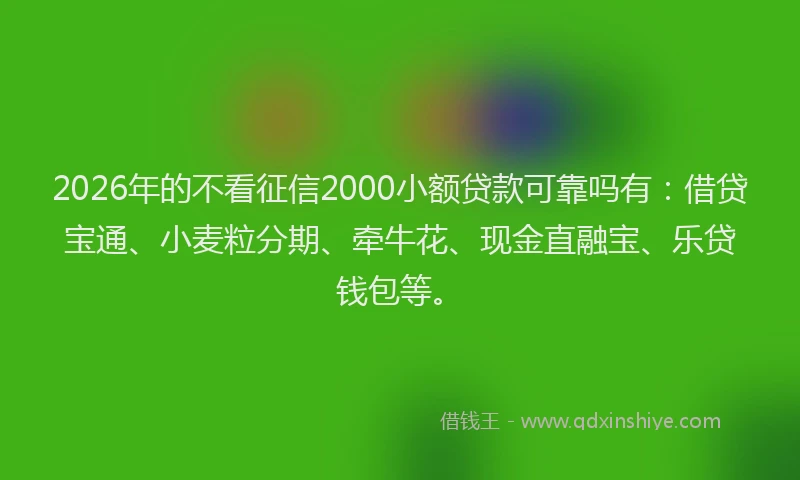 2026年的不看征信2000小额贷款可靠吗有：借贷宝通、小麦粒分期、牵牛花、现金直融宝、乐贷钱包等。