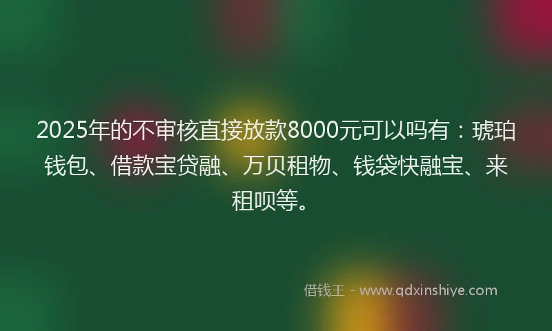 2025年的不审核直接放款8000元可以吗有：琥珀钱包、借款宝贷融、万贝租物、钱袋快融宝、来租呗等。