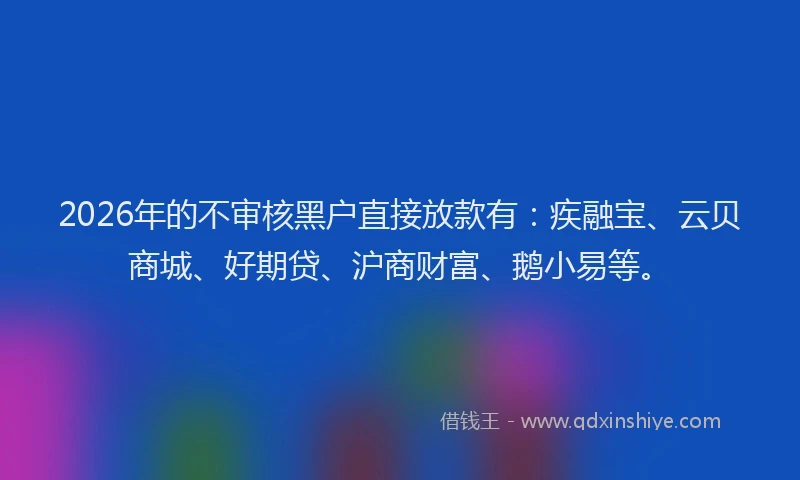 2026年的不审核黑户直接放款有：疾融宝、云贝商城、好期贷、沪商财富、鹅小易等。