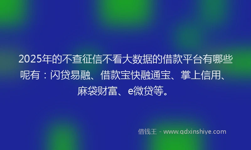 2025年的不查征信不看大数据的借款平台有哪些呢有:闪贷易融、借款宝快融通宝、掌上信用、麻袋财富、e微贷等。