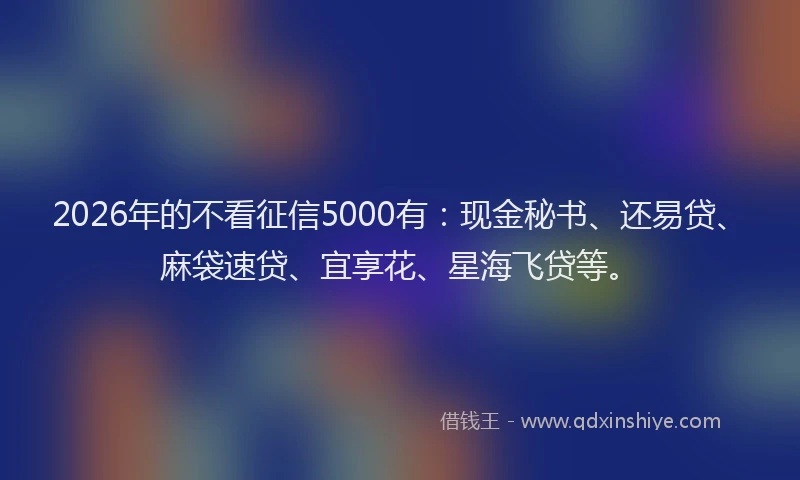2026年的不看征信5000有：现金秘书、还易贷、麻袋速贷、宜享花、星海飞贷等。