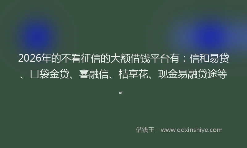 2026年的不看征信的大额借钱平台有：信和易贷、口袋金贷、喜融信、桔享花、现金易融贷途等。