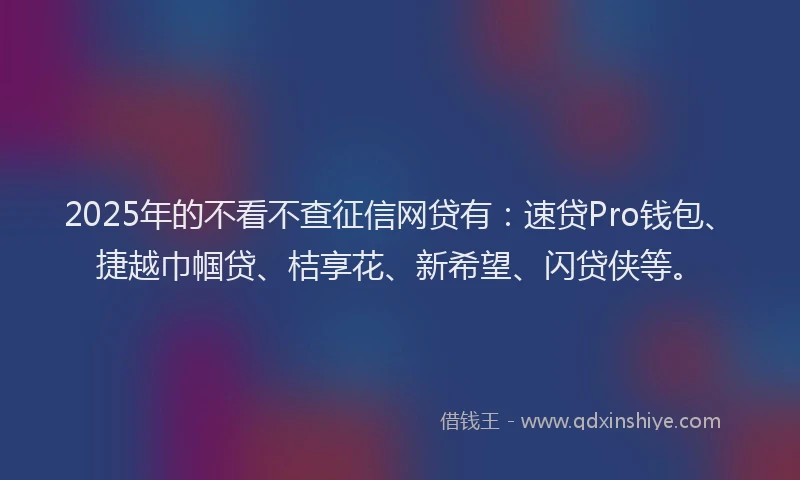 2025年的不看不查征信网贷有：速贷Pro钱包、捷越巾帼贷、桔享花、新希望、闪贷侠等。