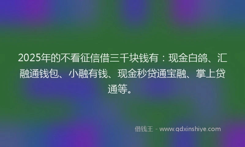 2025年的不看征信借三千块钱有：现金白鸽、汇融通钱包、小融有钱、现金秒贷通宝融、掌上贷通等。