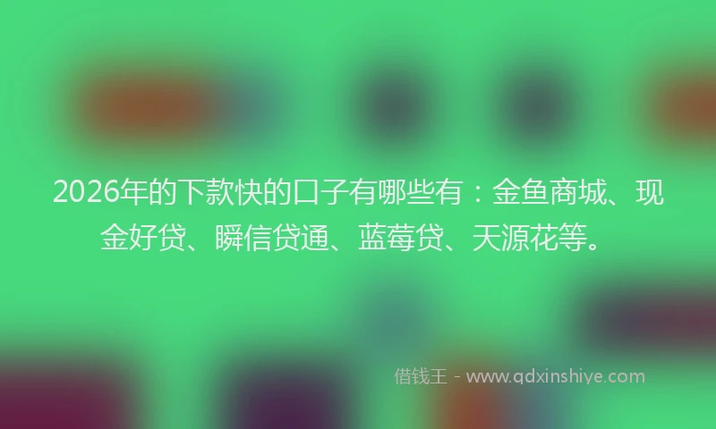 2026年的下款快的口子有哪些有：金鱼商城、现金好贷、瞬信贷通、蓝莓贷、天源花等。
