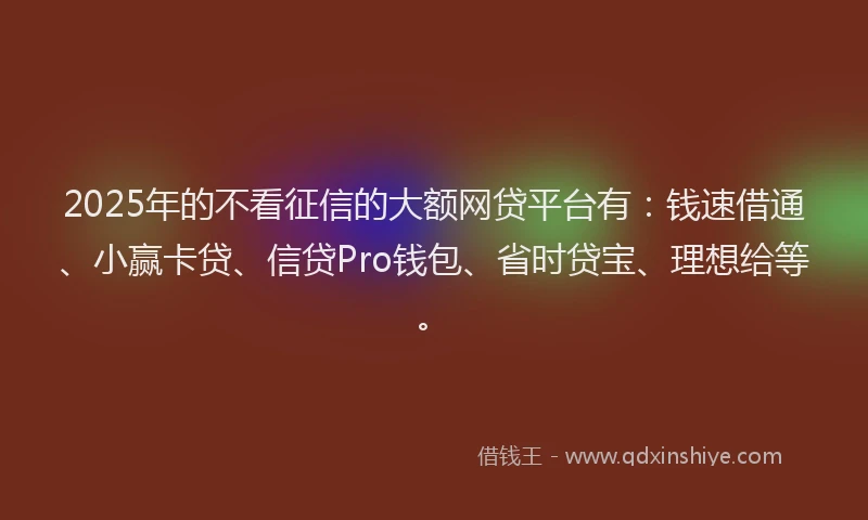 2025年的不看征信的大额网贷平台有：钱速借通、小赢卡贷、信贷Pro钱包、省时贷宝、理想给等。