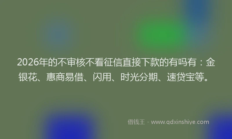 2026年的不审核不看征信直接下款的有吗有：金银花、惠商易借、闪用、时光分期、速贷宝等。