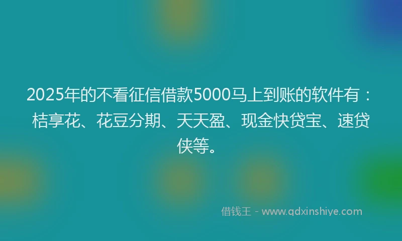 2025年的不看征信借款5000马上到账的软件有：桔享花、花豆分期、天天盈、现金快贷宝、速贷侠等。