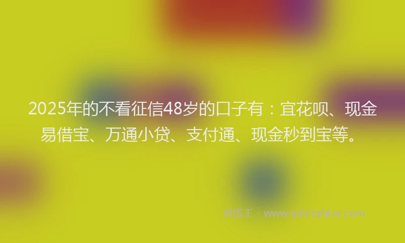 2025年的不看征信48岁的口子有：宜花呗、现金易借宝、万通小贷、支付通、现金秒到宝等。