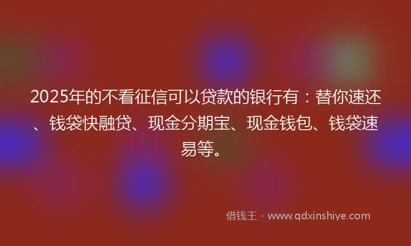 2025年的不看征信可以贷款的银行有：替你速还、钱袋快融贷、现金分期宝、现金钱包、钱袋速易等。