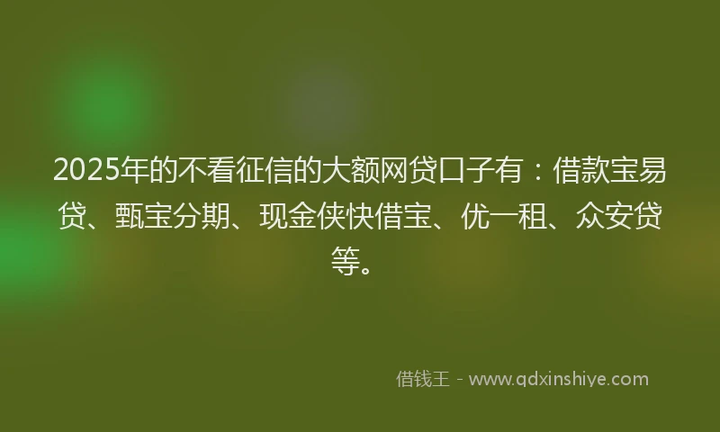 2025年的不看征信的大额网贷口子有:借款宝易贷、甄宝分期、现金侠快借宝、优一租、众安贷等。