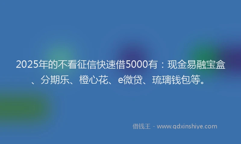 2025年的不看征信快速借5000有：现金易融宝盒、分期乐、橙心花、e微贷、琉璃钱包等。