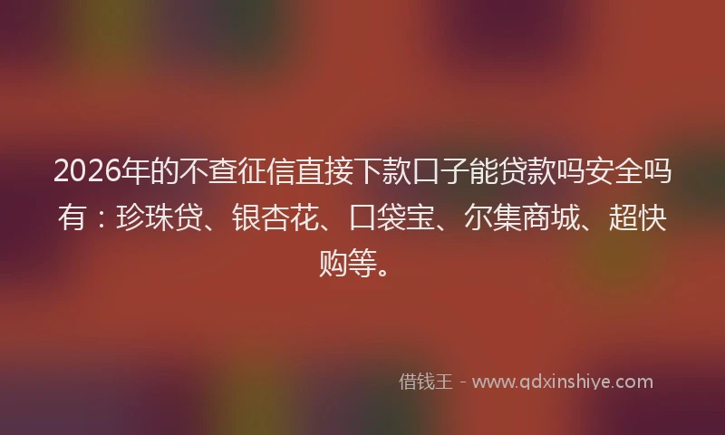 2026年的不查征信直接下款口子能贷款吗安全吗有：珍珠贷、银杏花、口袋宝、尔集商城、超快购等。