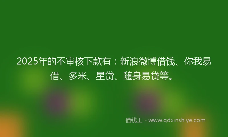 2025年的不审核下款有：新浪微博借钱、你我易借、多米、星贷、随身易贷等。