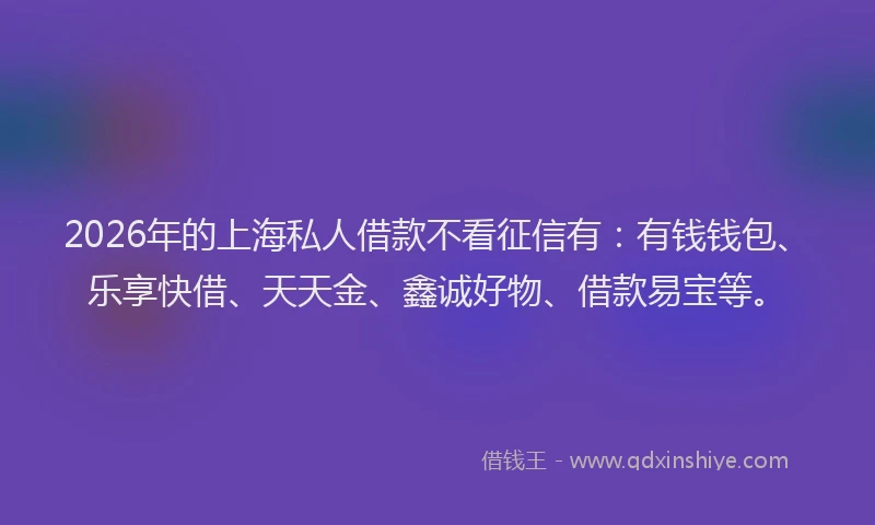 2026年的上海私人借款不看征信有：有钱钱包、乐享快借、天天金、鑫诚好物、借款易宝等。