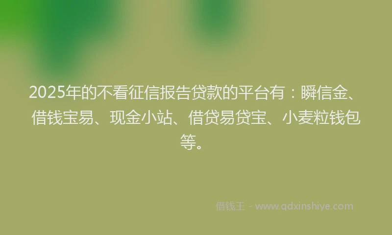 2025年的不看征信报告贷款的平台有：瞬信金、借钱宝易、现金小站、借贷易贷宝、小麦粒钱包等。