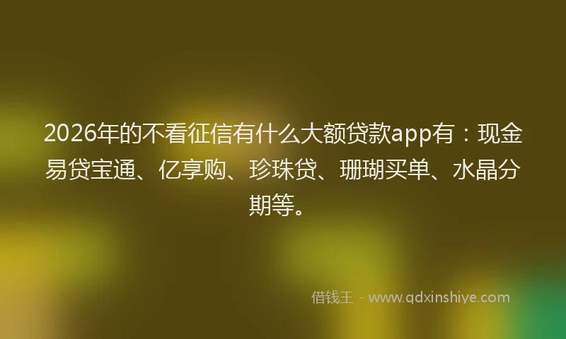 2026年的不看征信有什么大额贷款app有：现金易贷宝通、亿享购、珍珠贷、珊瑚买单、水晶分期等。