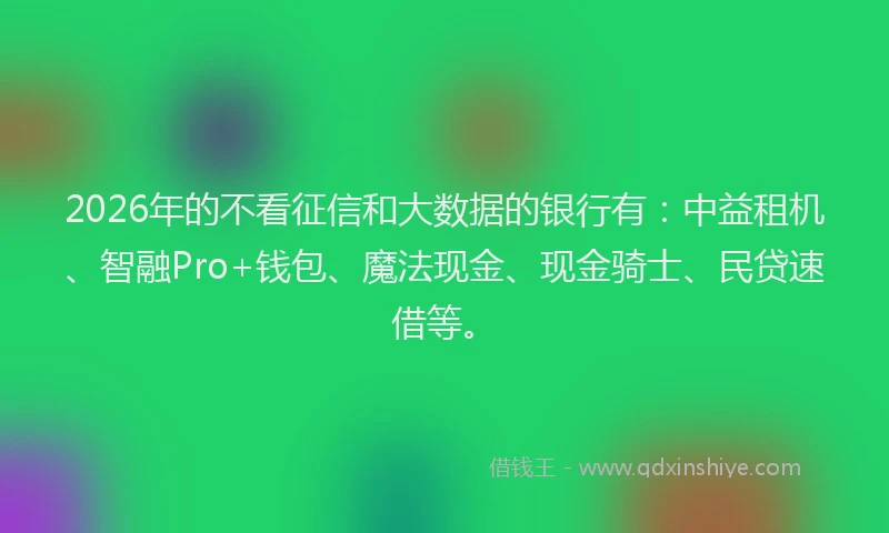 2026年的不看征信和大数据的银行有：中益租机、智融Pro+钱包、魔法现金、现金骑士、民贷速借等。