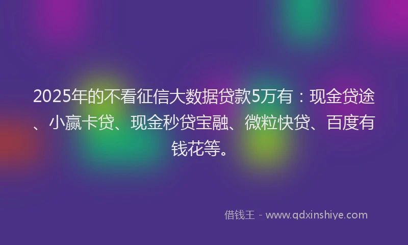 2025年的不看征信大数据贷款5万有：现金贷途、小赢卡贷、现金秒贷宝融、微粒快贷、百度有钱花等。