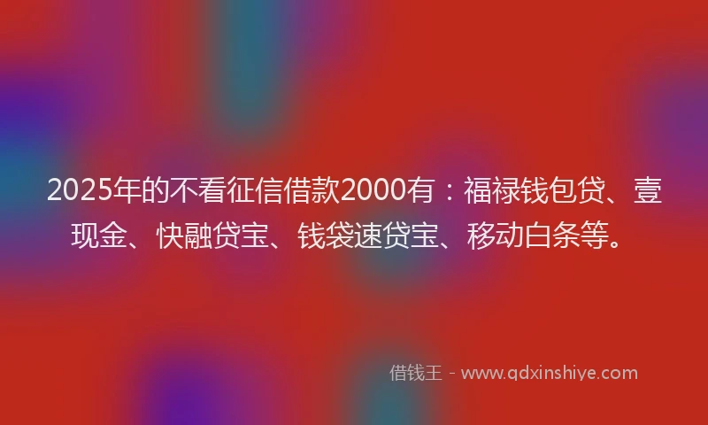 2025年的不看征信借款2000有：福禄钱包贷、壹现金、快融贷宝、钱袋速贷宝、移动白条等。
