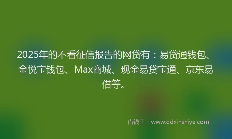 2025年的不看征信报告的网贷有：易贷通钱包、金悦宝钱包、Max商城、现金易贷宝通、京东易借等。