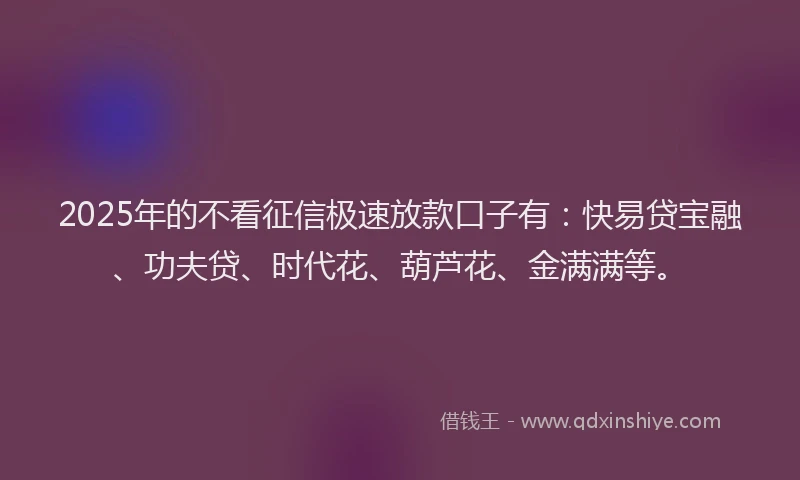 2025年的不看征信极速放款口子有：快易贷宝融、功夫贷、时代花、葫芦花、金满满等。
