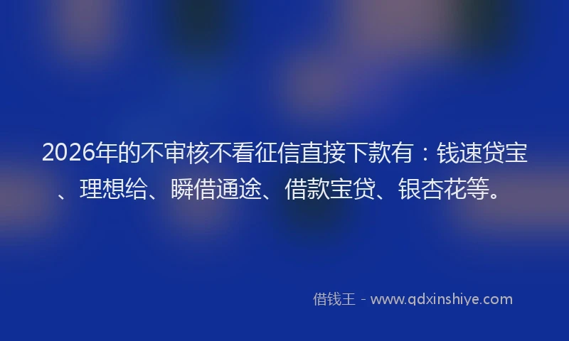 2026年的不审核不看征信直接下款有：钱速贷宝、理想给、瞬借通途、借款宝贷、银杏花等。
