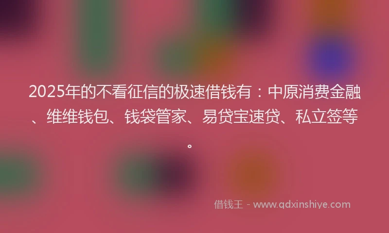 2025年的不看征信的极速借钱有：中原消费金融、维维钱包、钱袋管家、易贷宝速贷、私立签等。