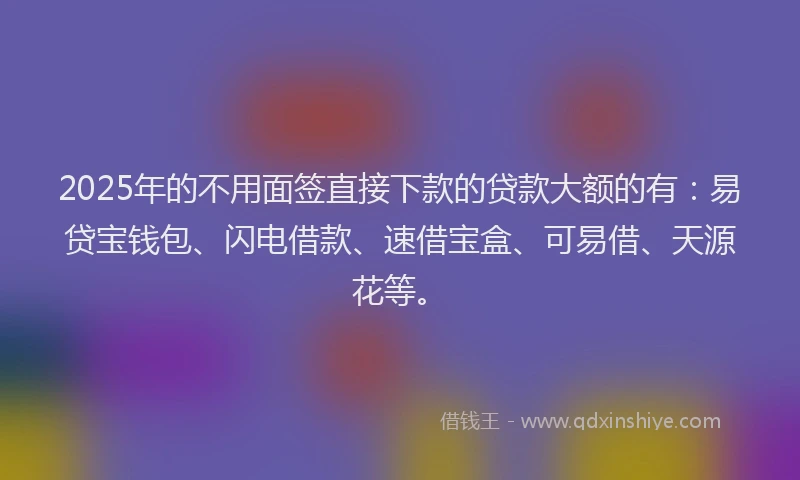 2025年的不用面签直接下款的贷款大额的有:易贷宝钱包、闪电借款、速借宝盒、可易借、天源花等。