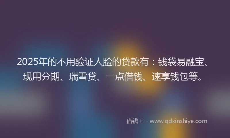 2025年的不用验证人脸的贷款有:钱袋易融宝、现用分期、瑞雪贷、一点借钱、速享钱包等。