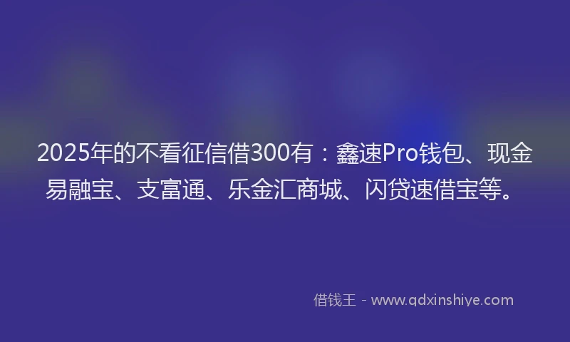 2025年的不看征信借300有：鑫速Pro钱包、现金易融宝、支富通、乐金汇商城、闪贷速借宝等。