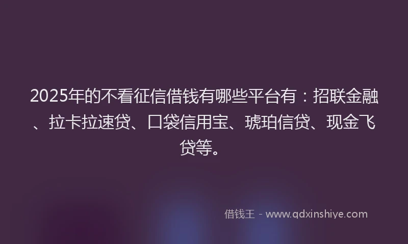 2025年的不看征信借钱有哪些平台有：招联金融、拉卡拉速贷、口袋信用宝、琥珀信贷、现金飞贷等。
