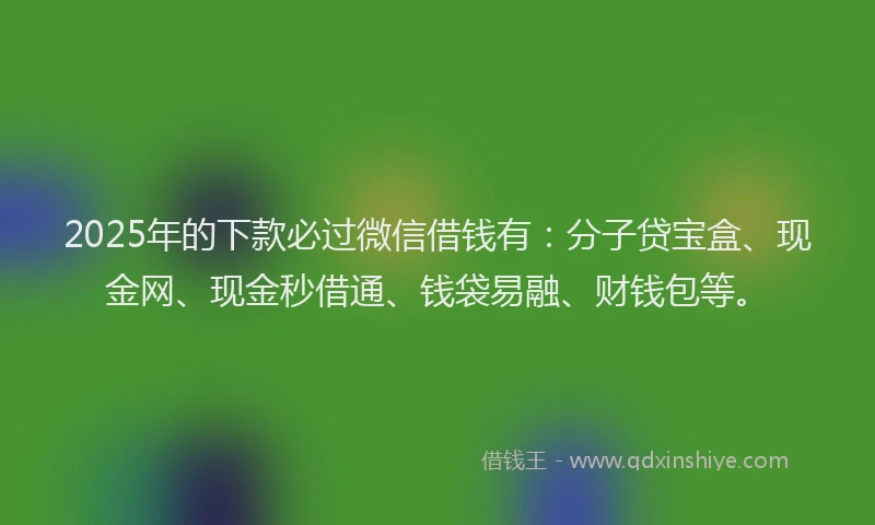 2025年的下款必过微信借钱有：分子贷宝盒、现金网、现金秒借通、钱袋易融、财钱包等。