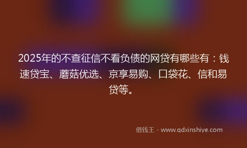 2025年的不查征信不看负债的网贷有哪些有：钱速贷宝、蘑菇优选、京享易购、口袋花、信和易贷等。