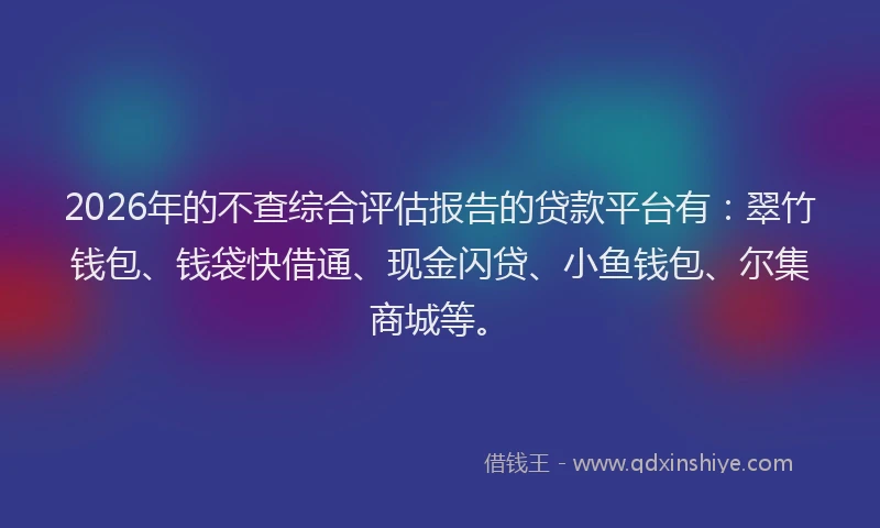 2026年的不查综合评估报告的贷款平台有:翠竹钱包、钱袋快借通、现金闪贷、小鱼钱包、尔集商城等。
