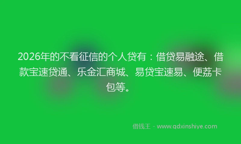2026年的不看征信的个人贷有：借贷易融途、借款宝速贷通、乐金汇商城、易贷宝速易、便荔卡包等。