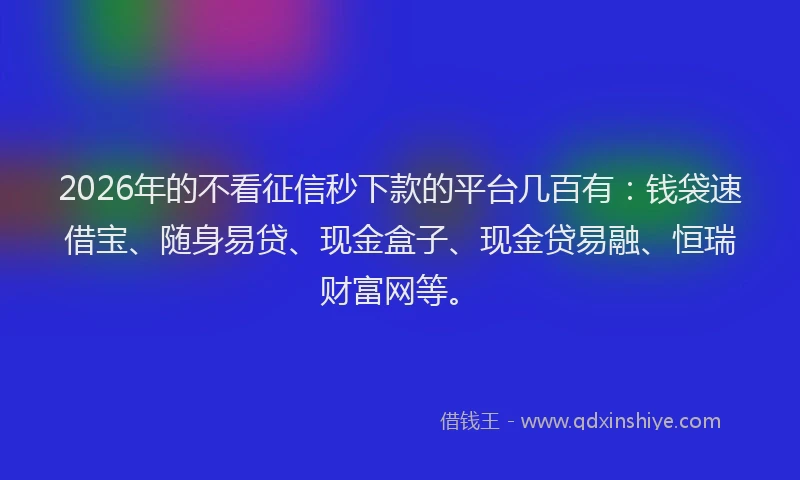 2026年的不看征信秒下款的平台几百有:钱袋速借宝、随身易贷、现金盒子、现金贷易融、恒瑞财富网等。