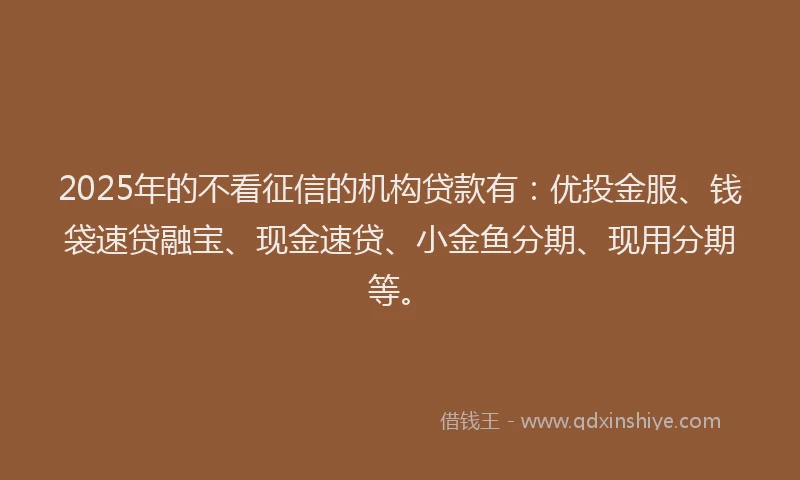 2025年的不看征信的机构贷款有：优投金服、钱袋速贷融宝、现金速贷、小金鱼分期、现用分期等。