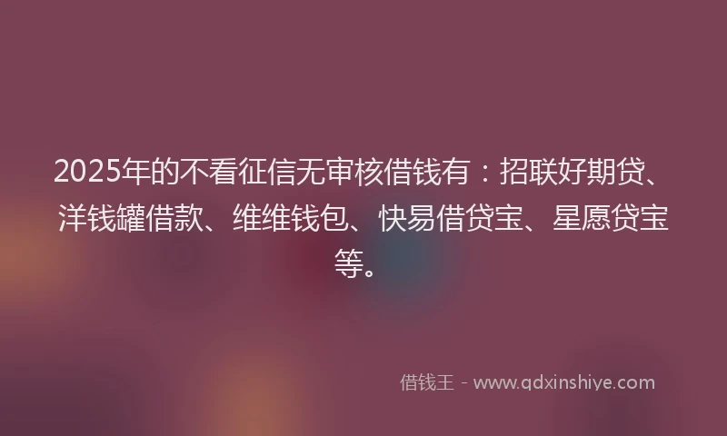 2025年的不看征信无审核借钱有：招联好期贷、洋钱罐借款、维维钱包、快易借贷宝、星愿贷宝等。